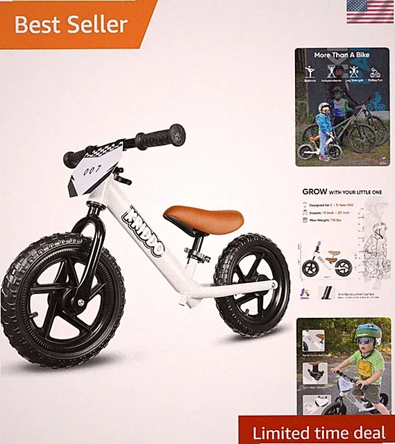 Toddler Balance Bike for Ages 2-5, Customizable with Stickers, White 12 inch
