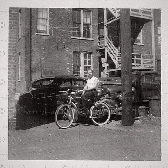 Vintage Photo 1940s Tough Teen on Bicycle City Alley